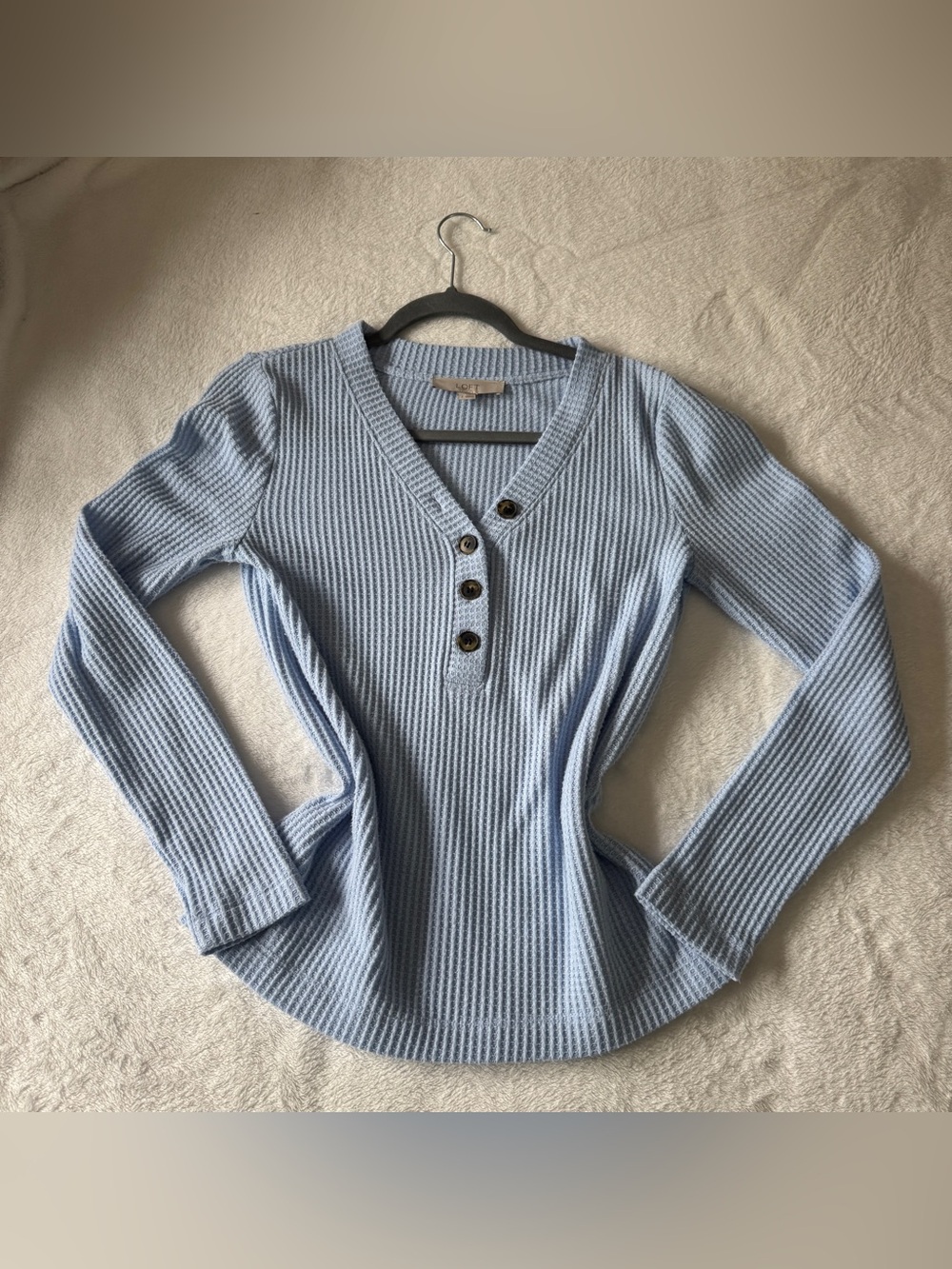 LOFT Pale Blue Waffle Knit Henley Sweater